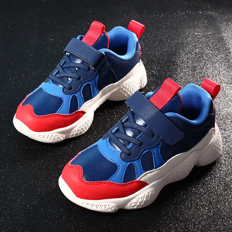 Red blue leather Спортивная обувь для мальчиков; кожаные водонепроницаемые кроссовки для девочек; детские дышащие повседневные туфли студенческие Нескользящие кроссовки для бега; - Цвет: Red blue leather