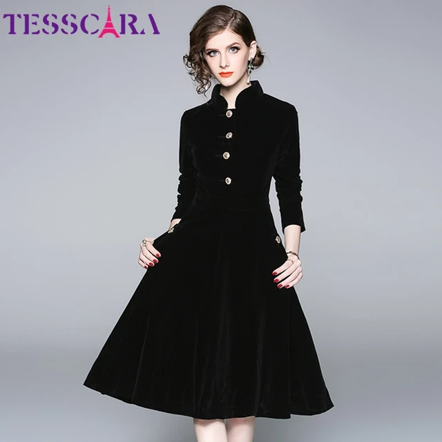 TESSCARA Women Autumn & Winter Elegant Velvet Dress Festa High Quality Vintage Party Robe Femme A-Line Designer Black Vestidos 2