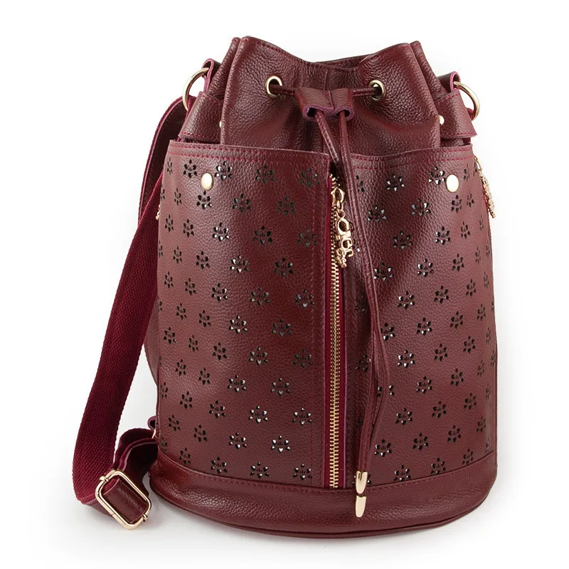 

Europe And America New Style Genuine Leather Hollow out WOMEN'S Bag Full-grain Leather Bucket Bag Glorious Practical One-Shoulde