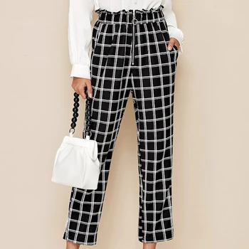 

Women High Waist Plaid Check OL Pants Elegant Ladies Loose Wide Leg Long Pants Trousers pantalon femme Classic Streetwear