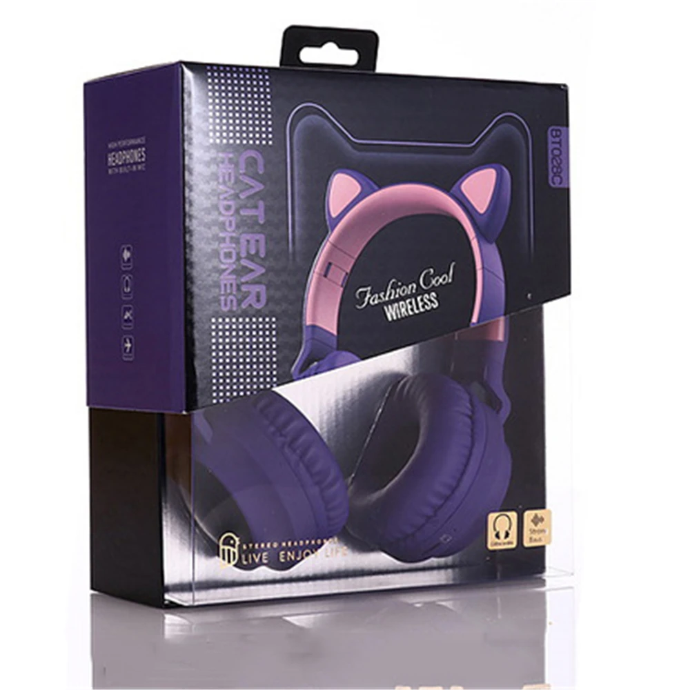 Purple with Box Модные наушники с кошачьими ушками, Bluetooth 5,0, беспроводные наушники, 3 цвета, мигающая гарнитура, разъем 3,5 мм, с микрофоном, для детей, подарок - Цвет: Purple with Box