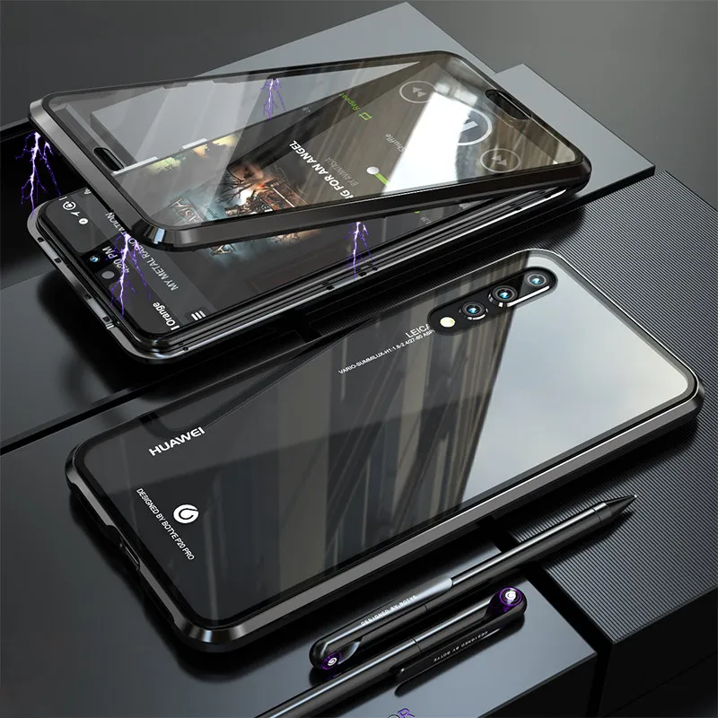 Black Роскошный магнитный металлический бампер чехол для huawei P20 Pro крышка 360 прозрачное стекло полный корпус чехол для телефона huawei P20 чехол P 20 P20Pro etui - Цвет: Black