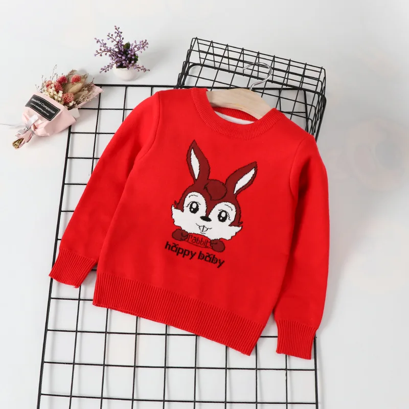 

2019 New Style Autumn And Winter Children Sweater Crew Neck Pullover Little Girl Knit Low Waist Jersey Cartoon Little Bunny Tren