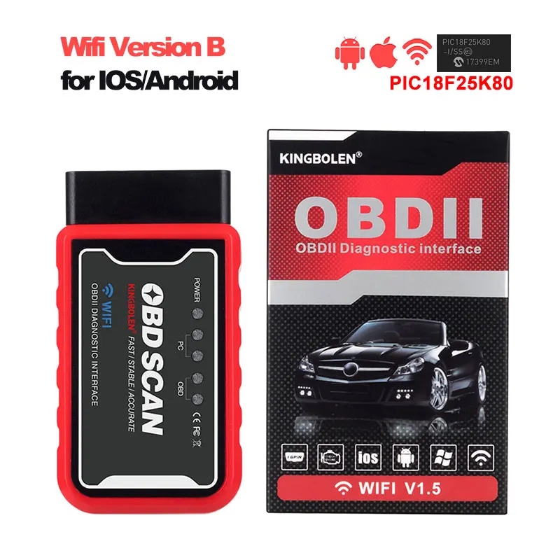 50 шт./лот ELM327 WiFi Bluetooth V1.5 PIC18F25K80 чип OBDII диагностический инструмент IPhone/Android/PC ELM 327 ICAR2 сканер считыватель кода - Цвет: Wifi Version B