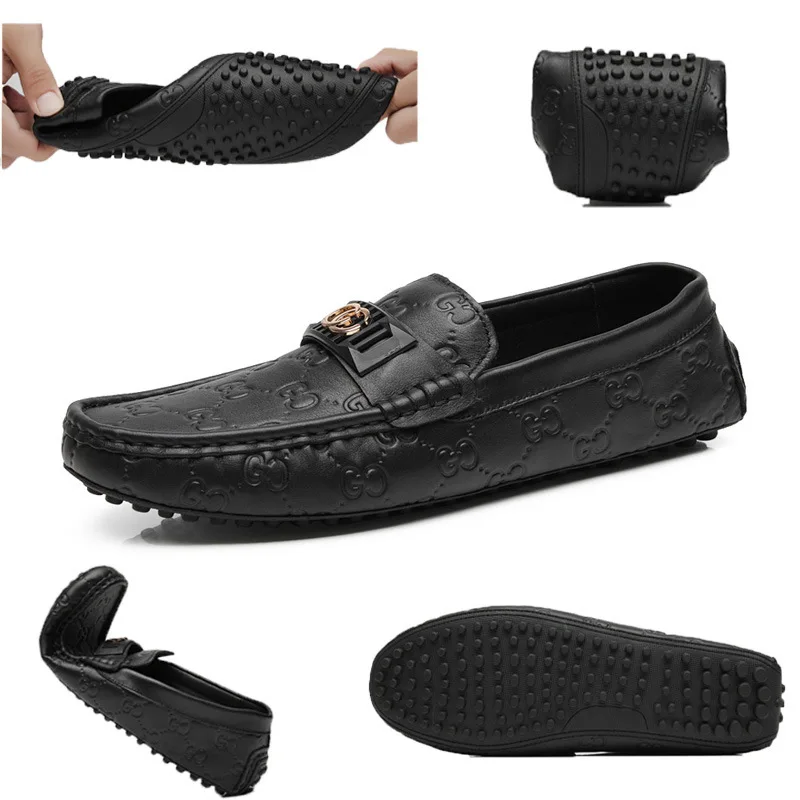 

Genuine Leather Moccosins Men's Casual Soft-Sole Black And White with Pattern Leather Shoes Versitile Fashion MEN'S Shoes Slip-o