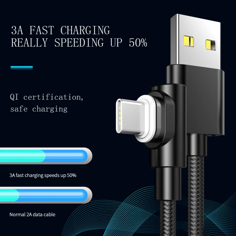 Tongyinhai usb type C 3A 90 градусов игровой USB кабель F Форма L изгиб зарядный шнур магнитные телефонные кабели для Iphone/Android телефон