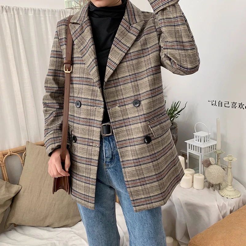 

[EWQ] 2019 Autumn New Pattern Office Lady Style Korean Full Sleeve Plaid Pattern Slim Fit Retro Turn Down Collar Suit Coat AF767
