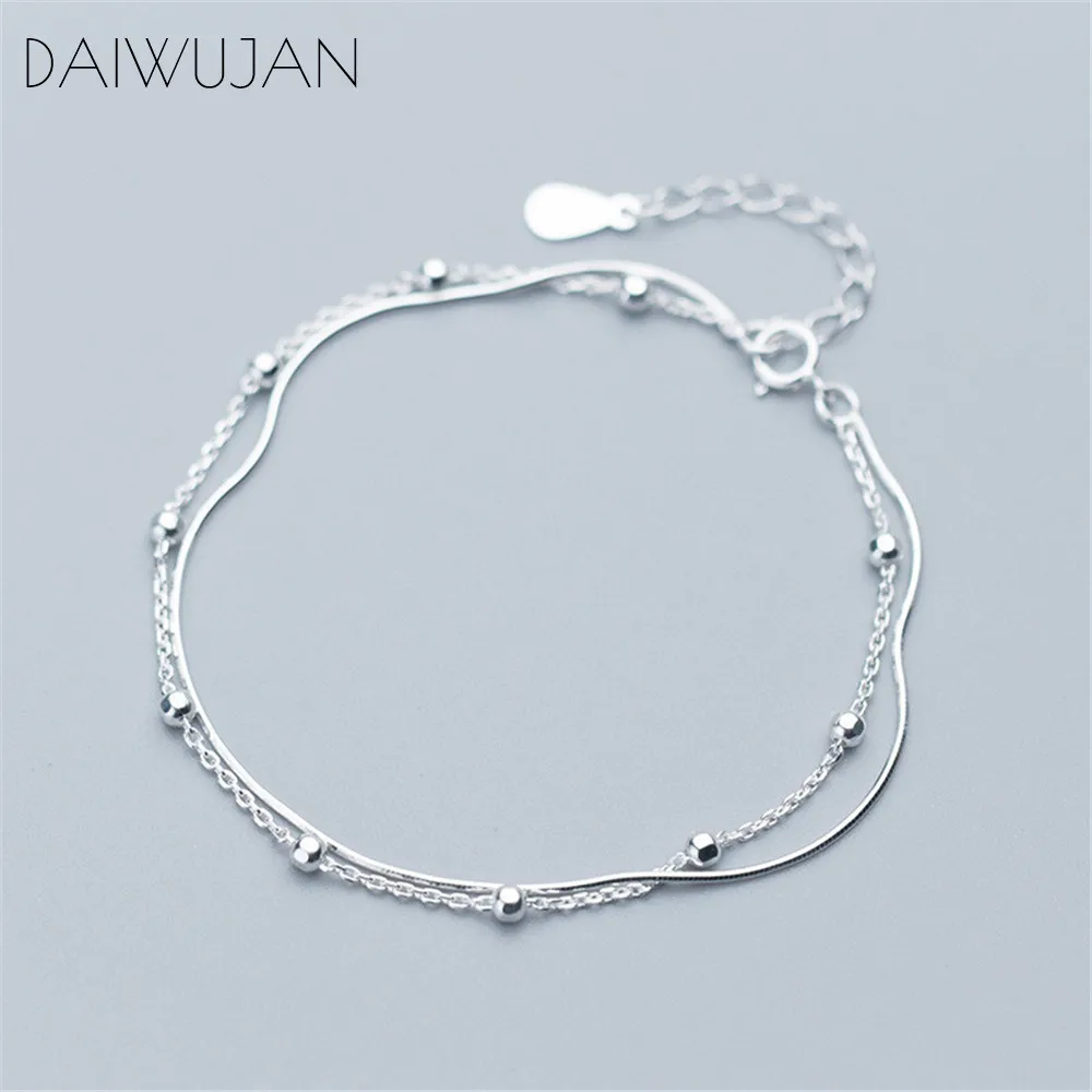 DAIWUJAN Настоящее 925 пробы Серебряный двухслойный змеиная цепочка Гладкий разделитель бусины браслет минималистичные ювелирные изделия для вечерние для женщин подарок