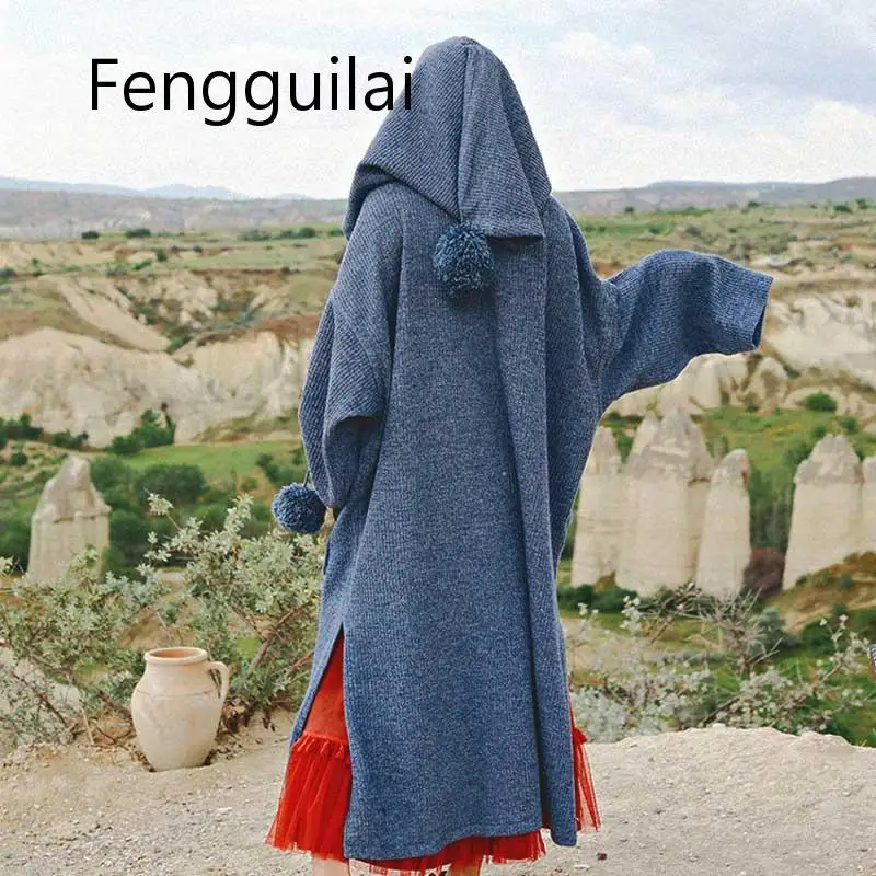 FENGGUILAI богемный Вдохновленный длинный кардиган с капюшоном большого размера, вязаный кардиган с цветочной вышивкой, женский свитер 201