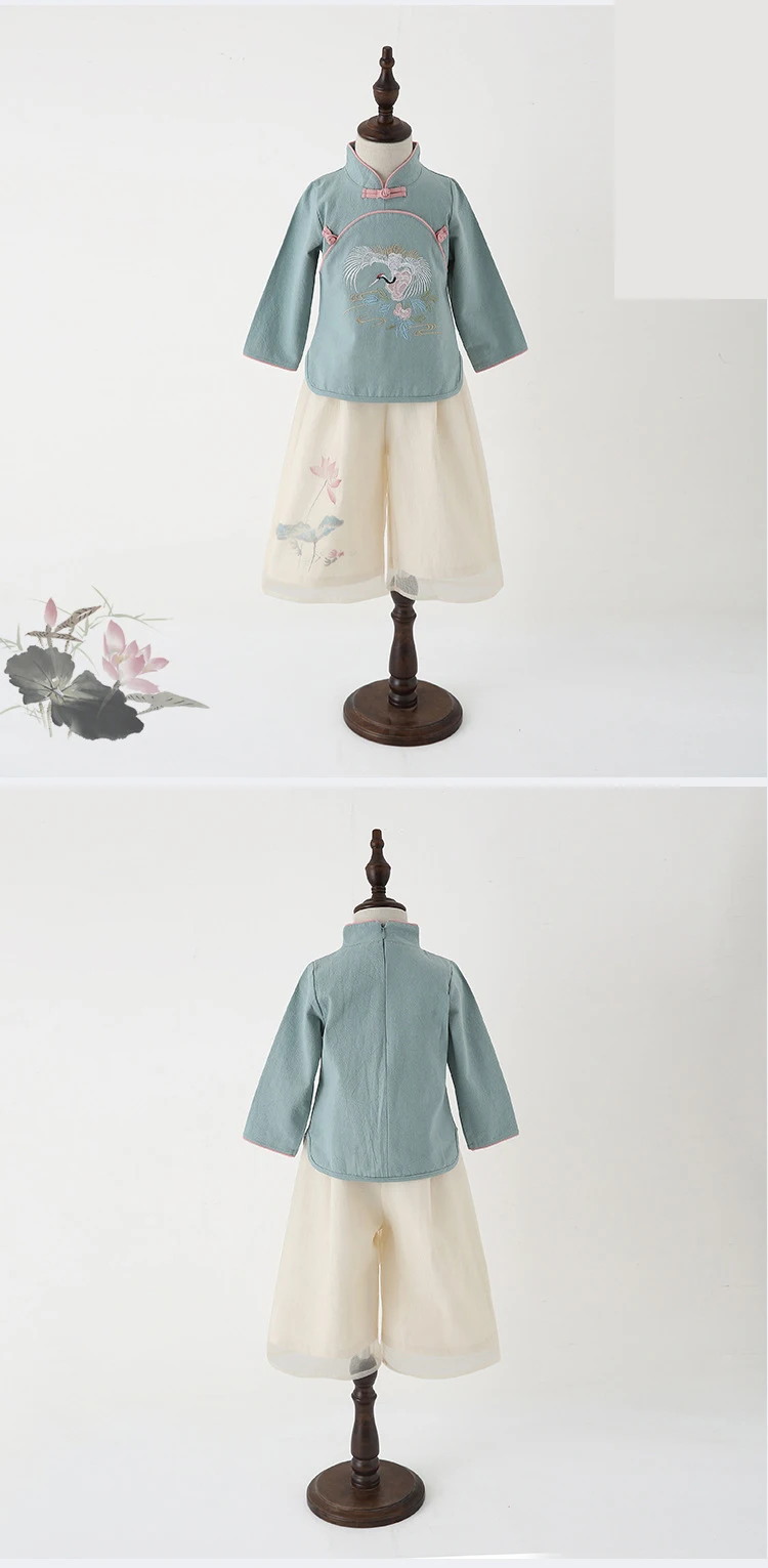 Hanfu/весенне-осенний костюм в китайском стиле с принтом журавлей для девочек весенне-осенняя одежда Улучшенная одежда с длинными рукавами для девочек
