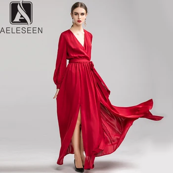 

AELESEEN 2020 New Design Sexy European Party Dresses Women Elegant Deep V-neck Lantern Sleeve Split Hem Floor-Length Maxi Dress