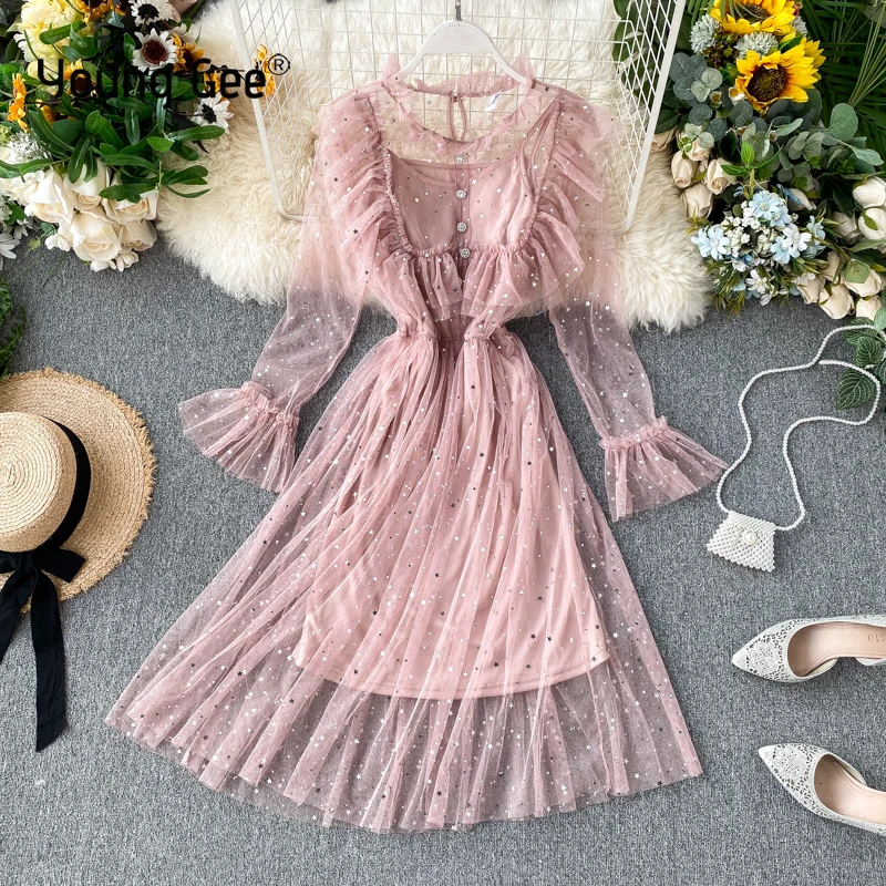 Женское вечернее платье Young Gee весеннее черное розовое до колена с О образным