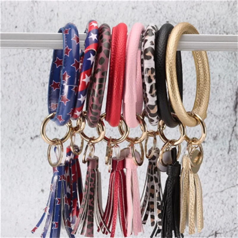 

ZG Boho Chic Wristlet keychain PU Leather O-ring KeyChain Colorful Custom Circle Tassel Wristlet Houndstooth Keychains Girl