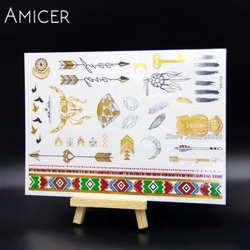 

Body Art Temporary Tattoos Gold Flash Metallic Tattoo Arm Sleeves Sticker Henna Women Jewelry Waterproof Owl Bull Dreamcatcher