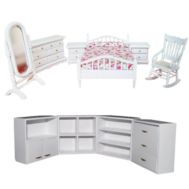 

2 Set Dollhouse Furniture Set:1 Set 1/12 Living Room Wooden Shelf Combination Cupboard White & 1 Set 6 PCS Bed Rocking Chair Dre