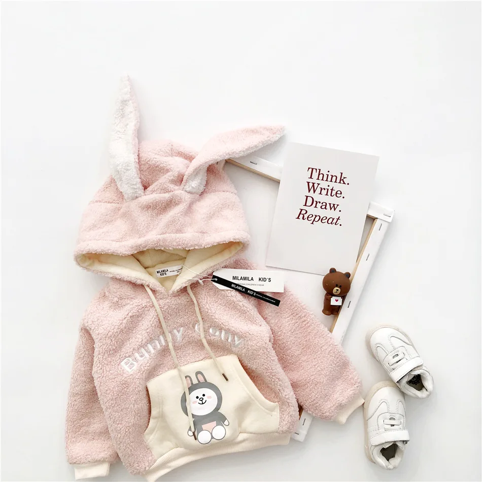 Tonytaobaby/Новинка; зимняя детская одежда для мальчиков и девочек; флисовая толстовка с капюшоном с изображением медведя и кролика
