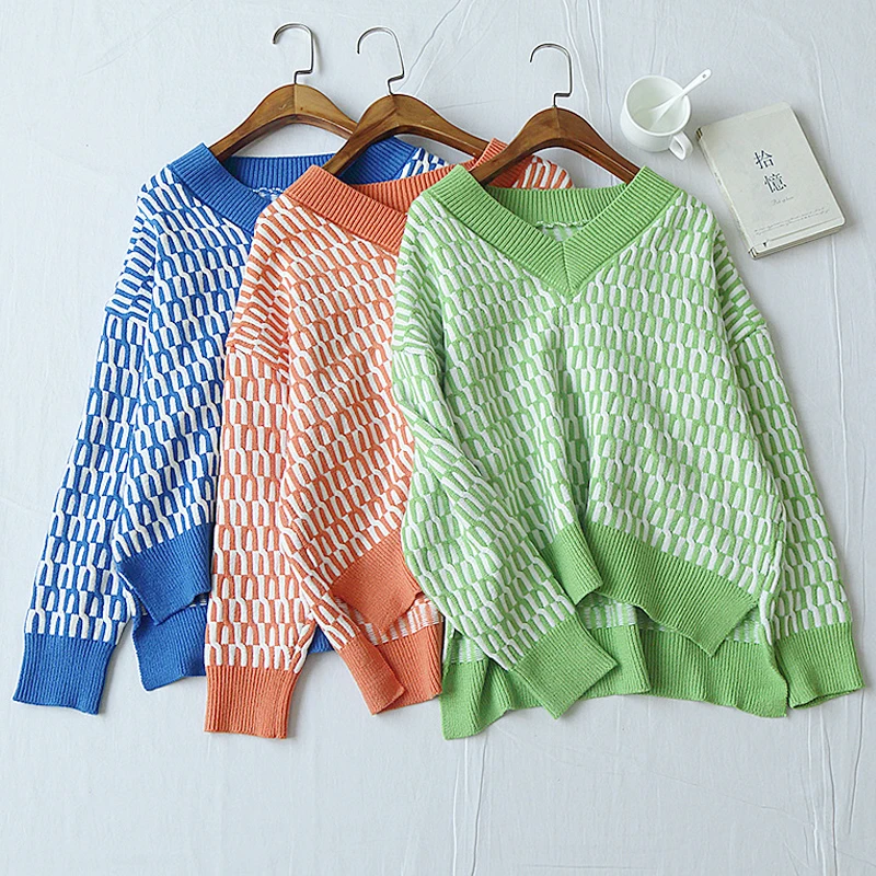 

OUMENGKA High Quality Sweater Autumn Winter Loose Knitted Sweater Geometric Embroidery Thick Pullover Women Long Sleeve V Neck Blue Orange Green Sweater Female Tops