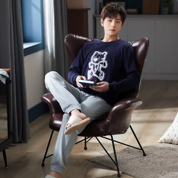 

XIZOU Knitted Cotton Long Sleeved Men's Pajamas Sets Male Pajama Set Letter Pajama For Men Sleepwear Suit Homewear Size XXXXL