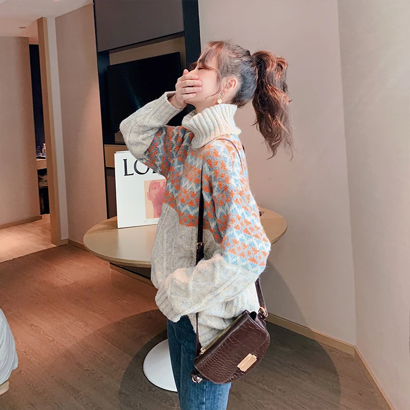 YUPINCIAGA Winter Thick Warm Sweater Women pop stitching turtleneck pullover sweater Printed Jacquard Pullovers Sweaters Knit