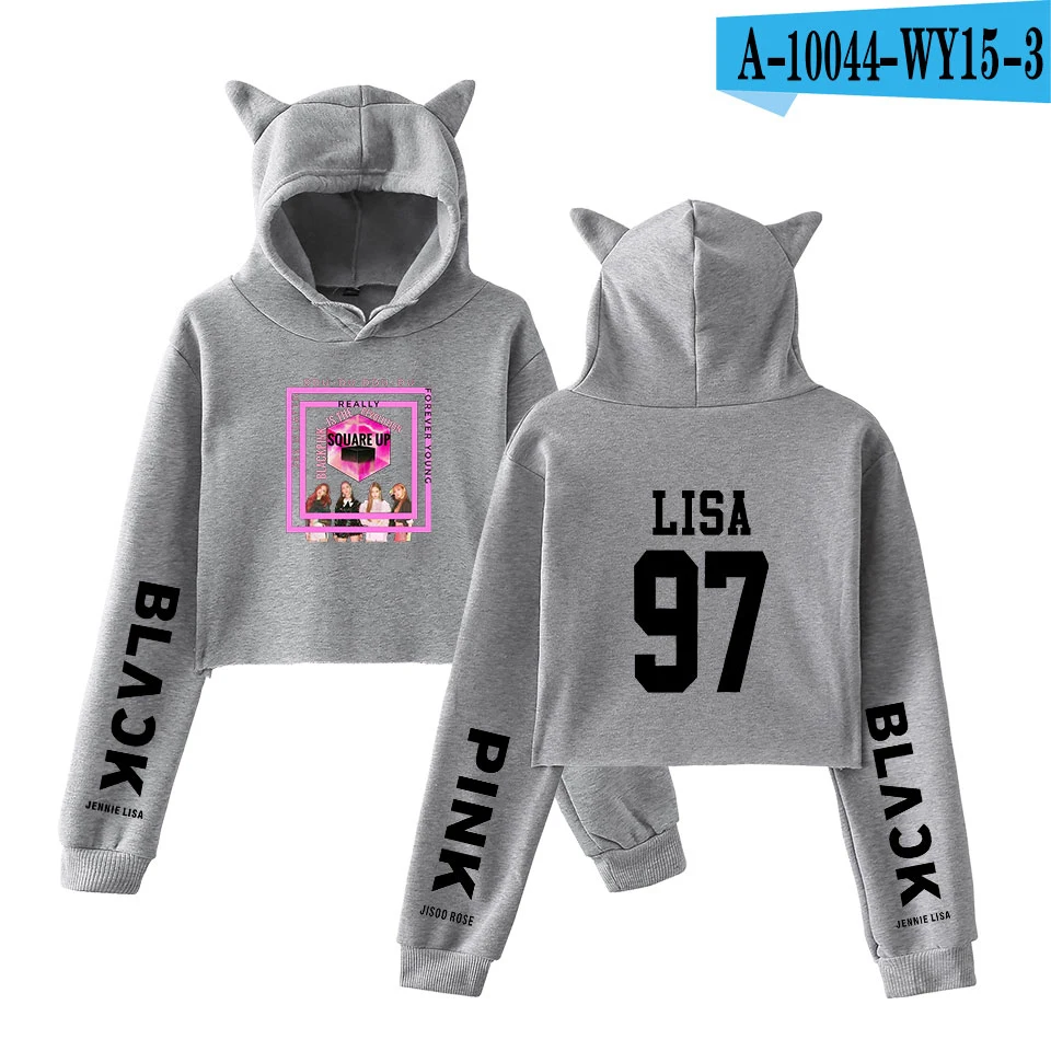 Blackpink hoodies kpop Sweatshirts Women Black pink Lisa Crop Top Cat Hoodies women clothes Oversized Hoodie Plus Size Women - Цвет: gray