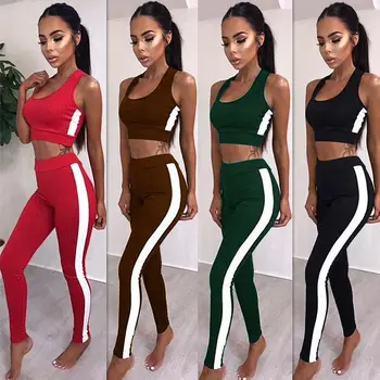 

Women Sexy Off shoulder Crop Vest Tank Top Skinny Stripe Bandage Stretch Pants Set Workout exercise Fitness Leggings