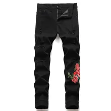 Pantalones vaqueros con agujeros para hombre, Jeans ajustados rectos con bordado de rosa, informales, salvajes, nuevos