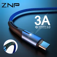 ZNP светодиодный кабель usb type-C для samsung S10 huawei P30, кабель для быстрой зарядки мобильных телефонов для Redmi Note 8 7, кабель для зарядки type-C