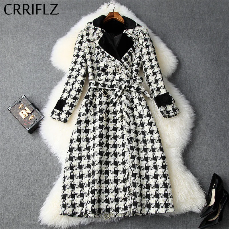 

Winter Women Woolen Coat Tweed Black Whiter Houndstooth Double Breasted Lace-up Waist Coat New Long Warm Woolen Coat Office Lady
