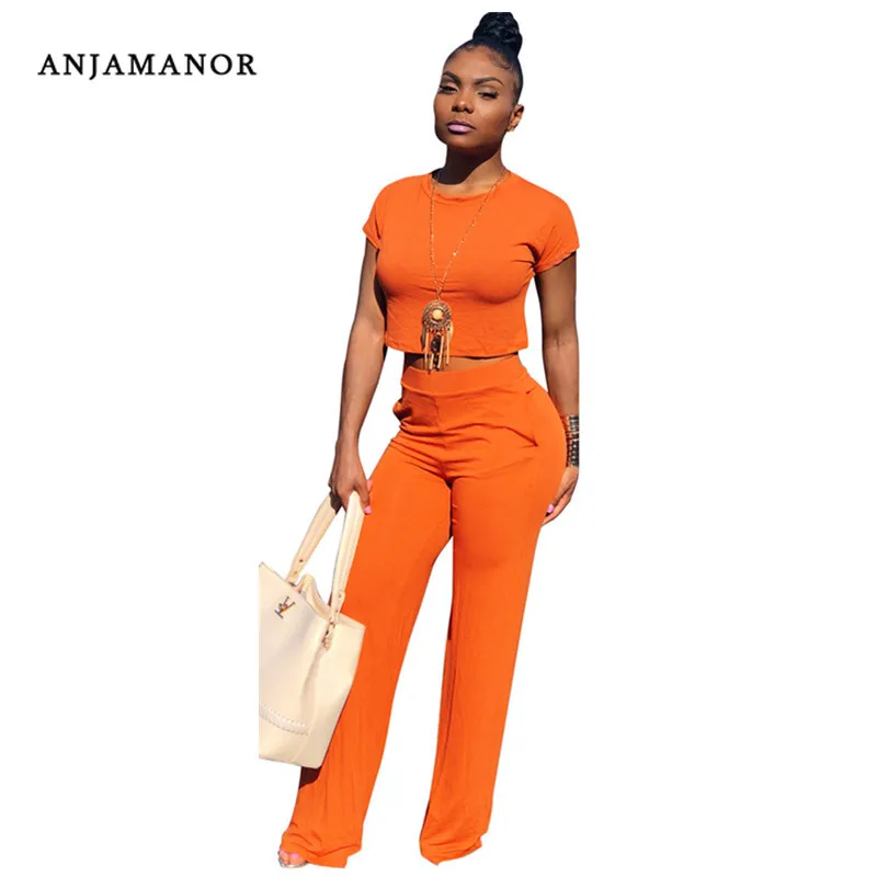 ANJAMANOR/повседневный комплект из двух предметов, укороченный топ и широкие штаны, осень, сексуальный комплект из 2 предметов для женщин, комплект одежды, D35-AE71