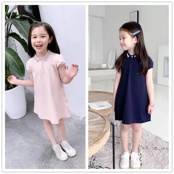 

Girls Summer Short Sleeve Solid Lapel Collar classic College Style Student Style Cute Dress cotton soft baby girls clothes