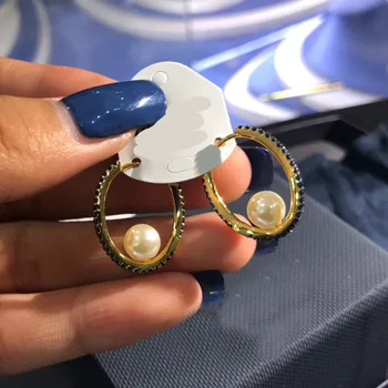 

UMGODLY Brand High Quality Fashion Earring Gold Color Round with Pearl White Blue Zircon for Women Jewelry