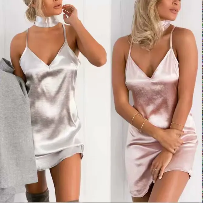 

Europe And America Summer V-neck Silk Fabrics Silk Backless High-waisted Lace-up Nightclub Sexy A- line Short Dress J8525