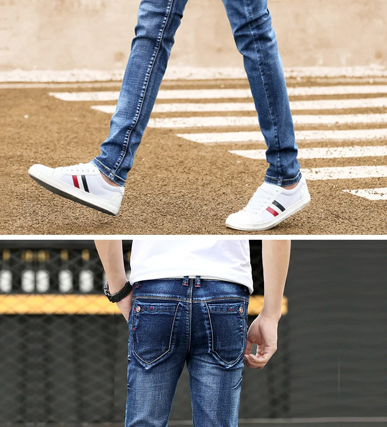 Модные корейские стильные мужские джинсы, повседневные штаны, четыре сезона, мужские высококачественные облегающие рваные эластичные джинсовые брюки