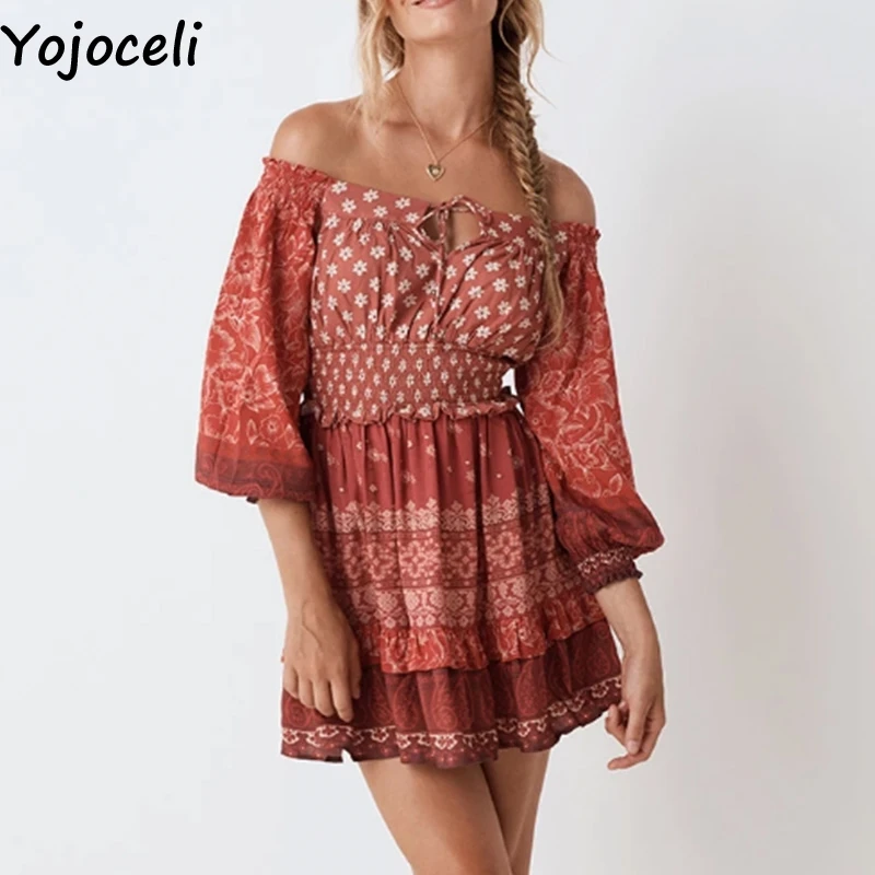 Yojoceli, элегантное короткое платье с открытыми плечами, с цветочным рисунком, женское, Осеннее, Пляжное, бохо, сексуальное платье, vestidos, летнее, повседневное, крутое, мини-платье