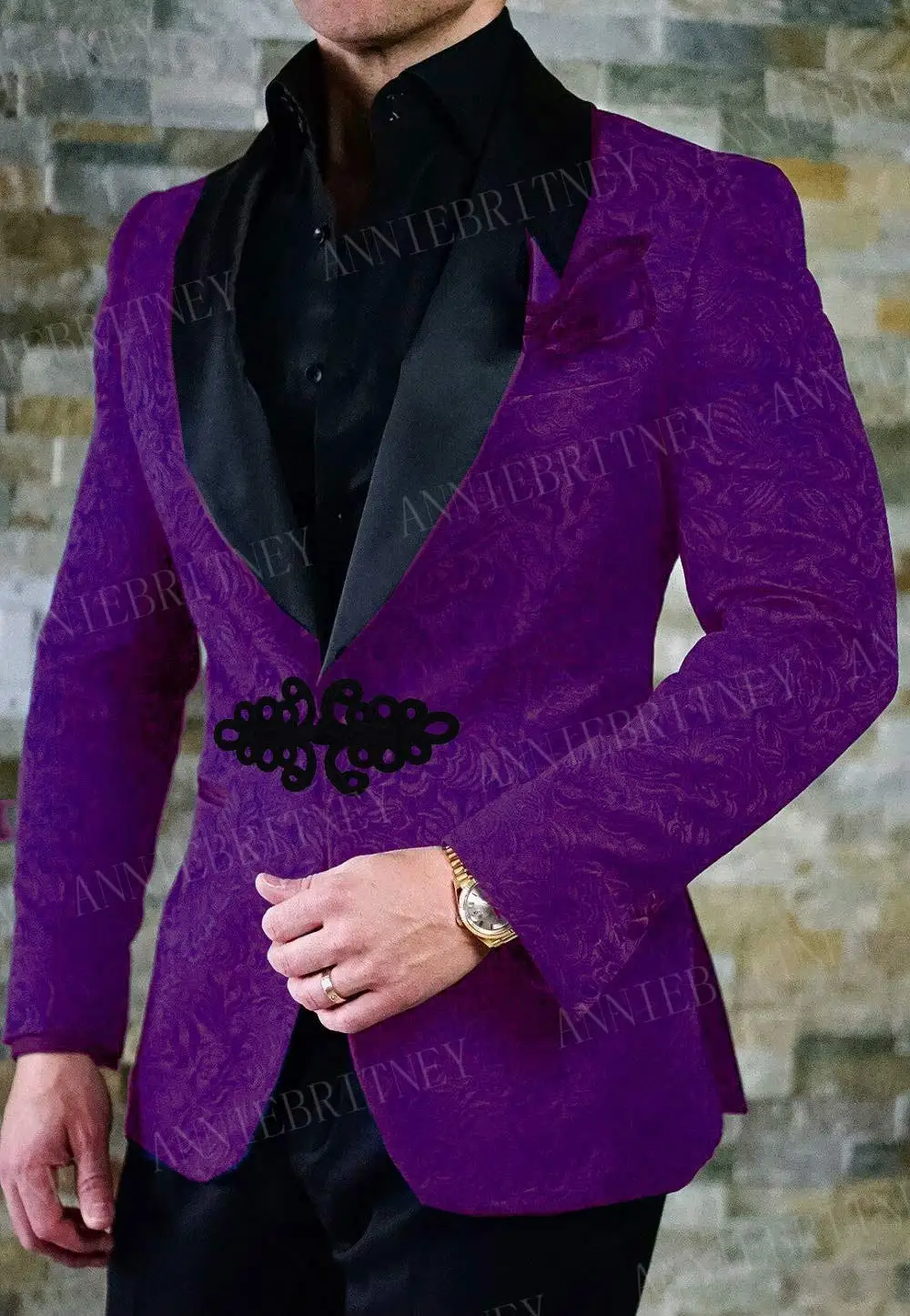 ANNIEBRITNEY Белый Жаккардовый мужской костюм, 2 предмета, на заказ, приталенный смокинг, костюм жениха, Свадебный, выпускной, блейзер с золотым, китайским узлом, пряжка - Цвет: Фиолетовый