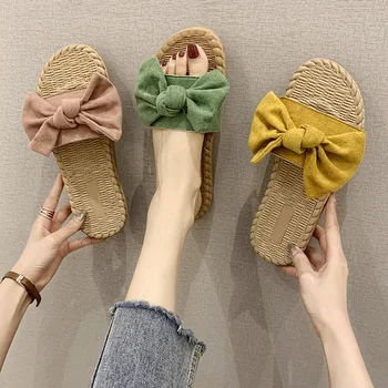 

Beach Shoes Woman's Slippers Butterfly-knot Slides Low Fashion Sabot Soft 2020 Luxury Flat Basic Fabric Cotton Shoes Low