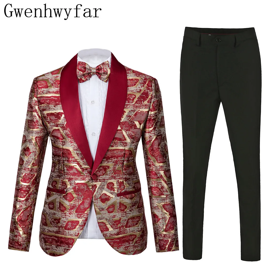

Brand Men Suit 2019 Wedding Suits for Men Shawl Collar 2 Pieces Slim Fit Red with Golden Suit Mens High Quality Tuxedo Jacket