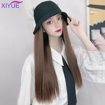 

XIYUE Long Straight Wig With Hat Embroidery Hip Hop Hat Synthetic Adjustable Baseball Cap Wig Natural Fake Hair for Women