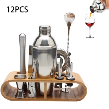 

Cocktail Shaker Set Bartender Kit Cocktail Glass Stainless Bar Cocktail Shaker Barware Mixing Spoon Tong with Wooden Rack Holder