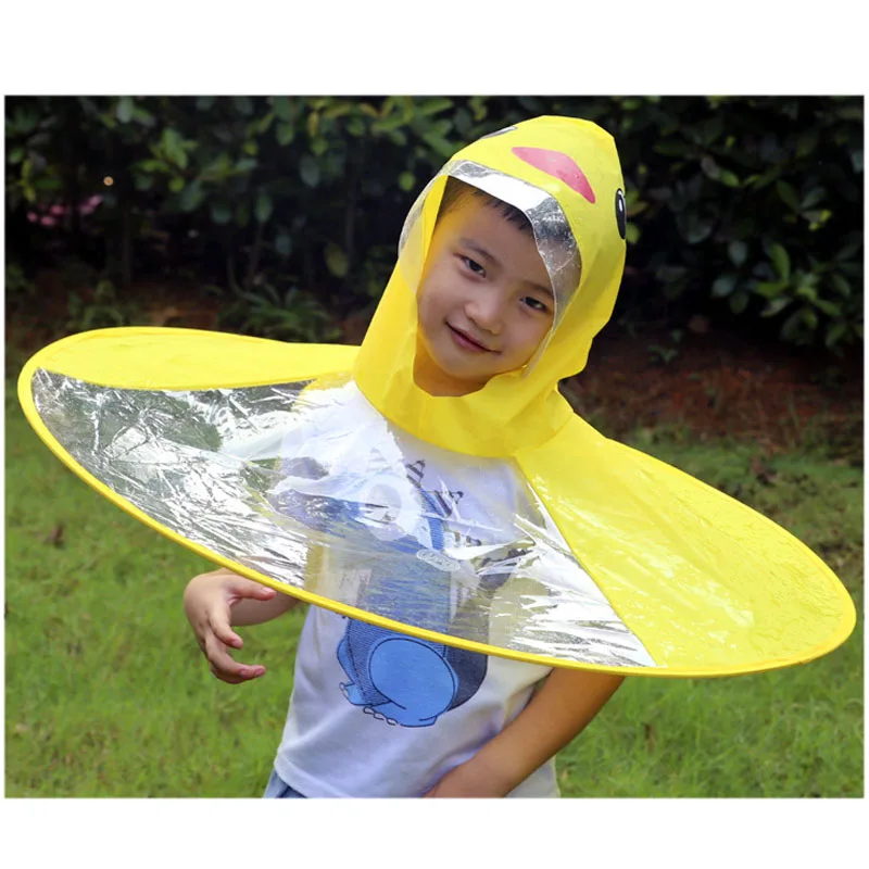 Baby Girls Boys Cute Cartoon Animal Raincoat Outwear Children Outdoor Waterproof Cloak Hooded Poncho Baby Foldable UFO Shape Umbrella Cape Kids Transparent Rain Suit 
