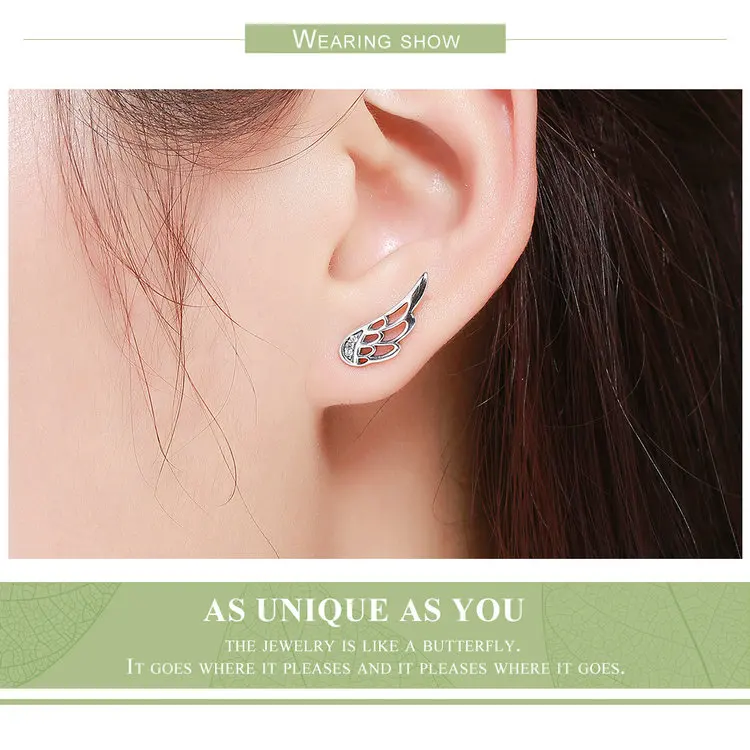 WOSTU Real 925 Sterling Silver Fairy Wings Feathers Stud Earrings Rose Gold Small Earring For Women S925 Silver Jewelry FIE343