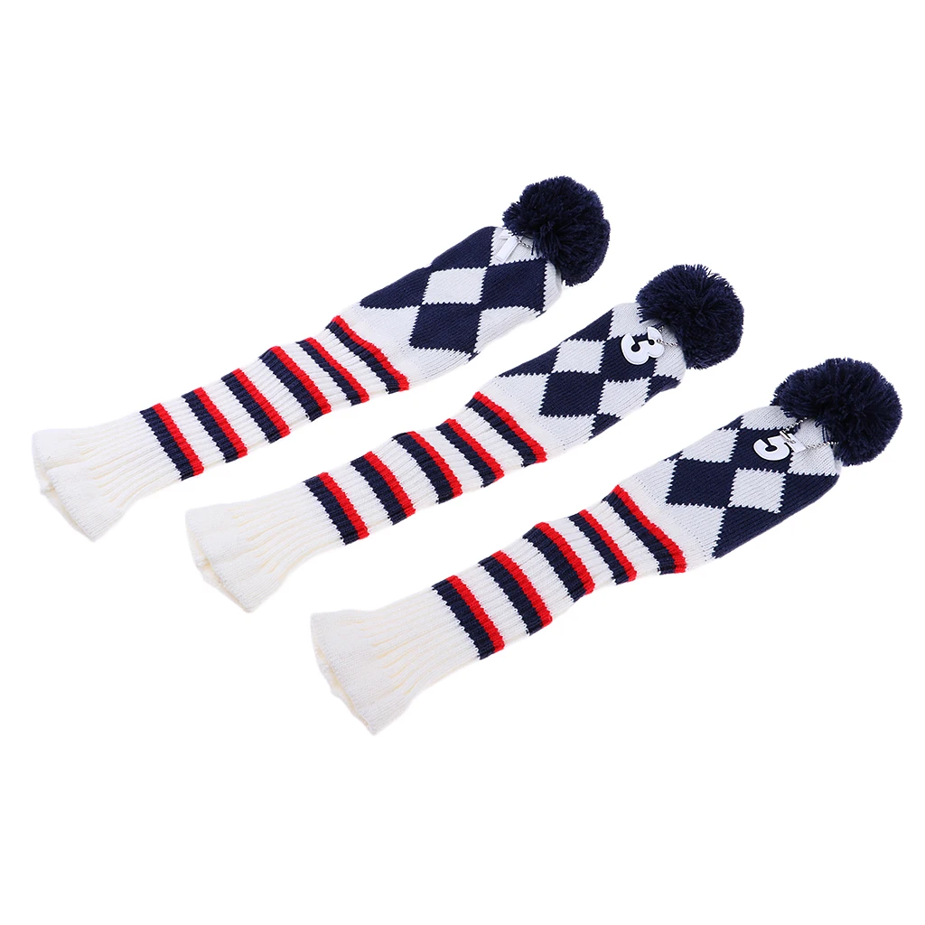 3Pcs Golf Knit Headcover Vintange Long Neck Pom Pom Sock Covers with Number Tags(#1#3#5