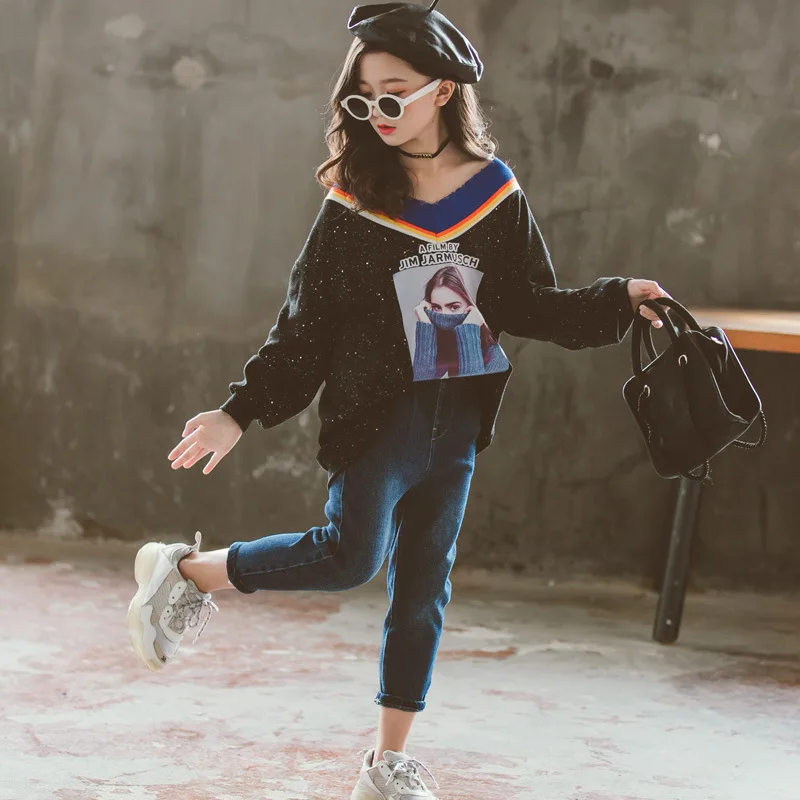 Комплекты одежды для девочек коллекция года, осенняя Повседневная футболка с длинными рукавами и рисунком для девочек-подростков+ штаны, детская одежда