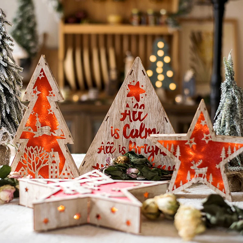 

Red Tree Star Wood House Cute Christmas Xmas Tree LED Ornaments Holiday Christmas Decoration for Home Desktop Ornament New