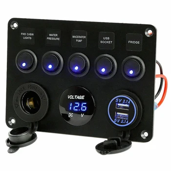 

LED Light Rocker Switch Panel Circuit 12V 24V 5 Gang Rocker Switch Panel with 15A Inline Fuse Box Dual USB Charger