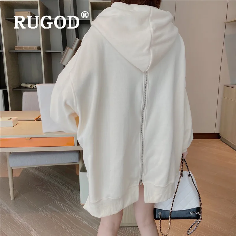 RUGOD корейский стиль Молния сзади однотонные Цвет толстовки Для женщин поп одежда плюшевый шнурок Толстовка Модные