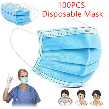 

100PCS Three-layer Nonwoven Disposable Mask Adult Face Mask Breathable Dustproof Protective Mouth Nose Mask Daily Masks