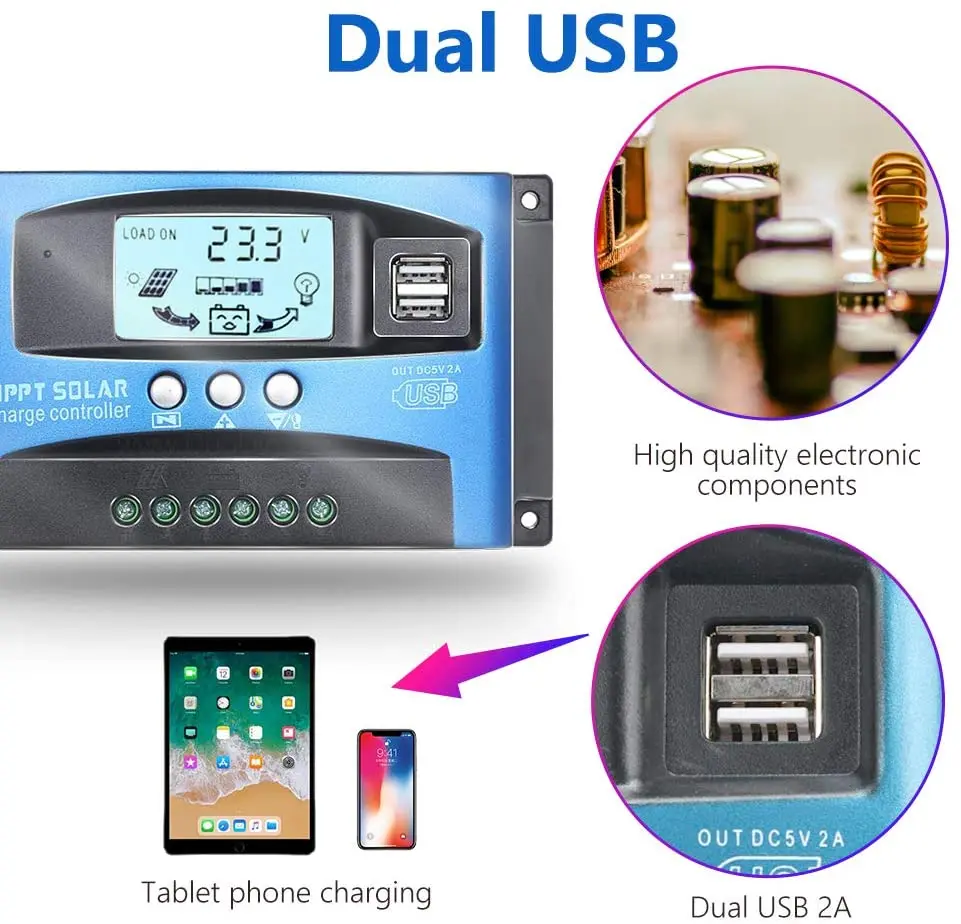 30A/40A/50A/60A/100A MPPT PV-Controller 12V/24V Solar Panel Batterie regler  Laderegler Dual USB 5V2A - AliExpress