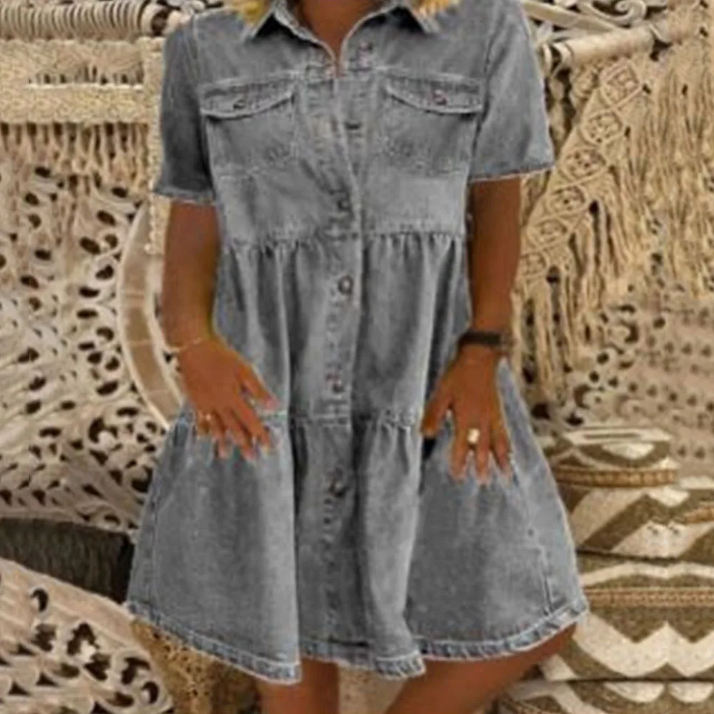 2020 Women Denim Dresses Summer Casual Vintage Single Breasted Turn-down Collar Pockets Loose Short Dress Fashion Boho Dress