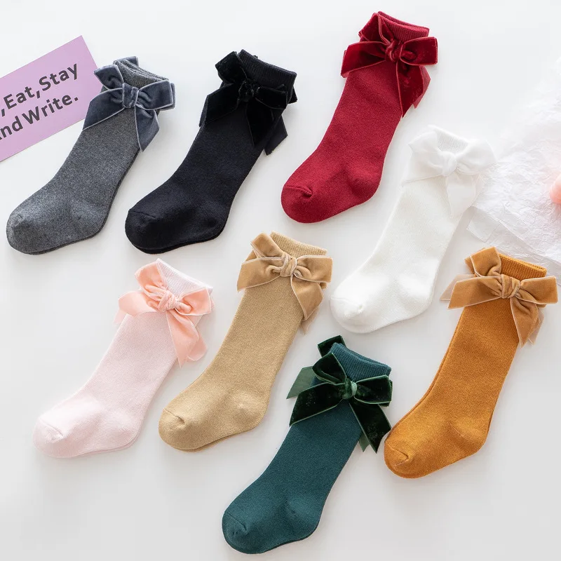 Citgeett Solid Newborn Baby Girls Boys calza alta classica fiocco in velluto di cotone per neonati 0-3Y - immagine 3